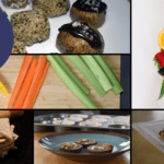 Grain Free Snacks Collage with protein balls, raw veggies, salty chocolate treats, fruit, cassava crackers, and barbeque chickpeas.