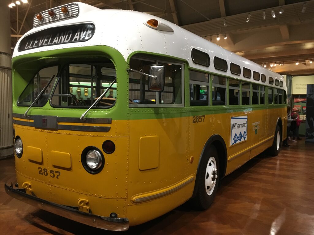 The bus where Rosa Parks refused to give up her seat currently located at the Henry Ford Museum