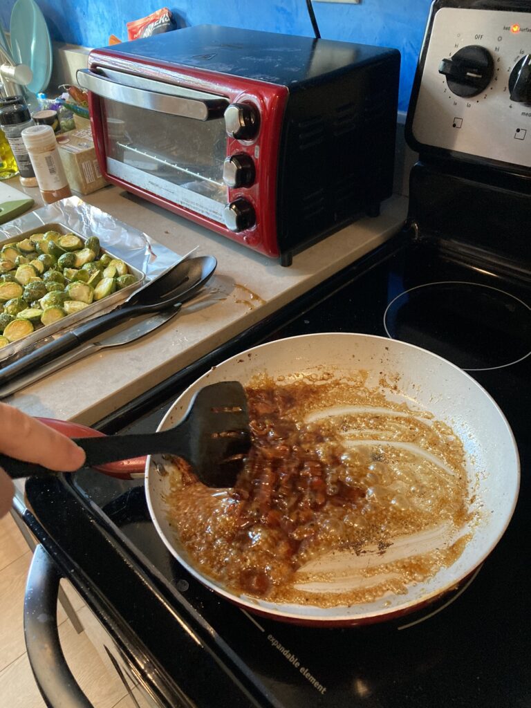 Gluten-free and dairy-free Brussels Sprout Jam cooking on the stove for our Thankgiving meal
