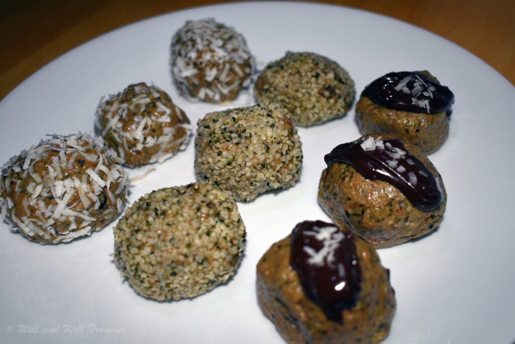 Small, round protein balls with coconut, hemp seeds, or chocolate on top.... A great, grain free snack