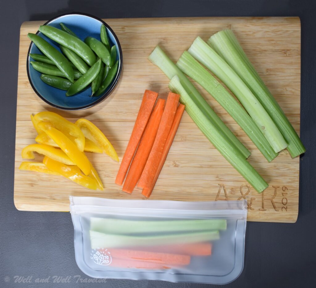 Raw carrots, bell peppers, celery, and sugar snap peas are all great grain free snacks