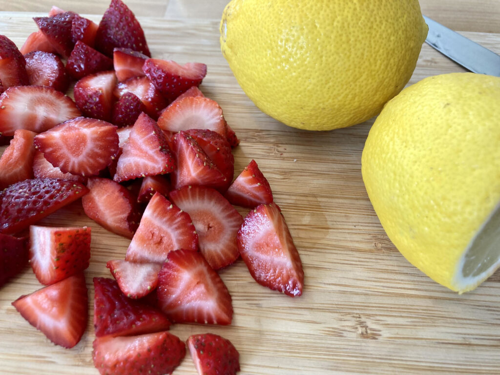 Diced strawberries and lemons for the Paleo Strawberry Lemonade Recipe