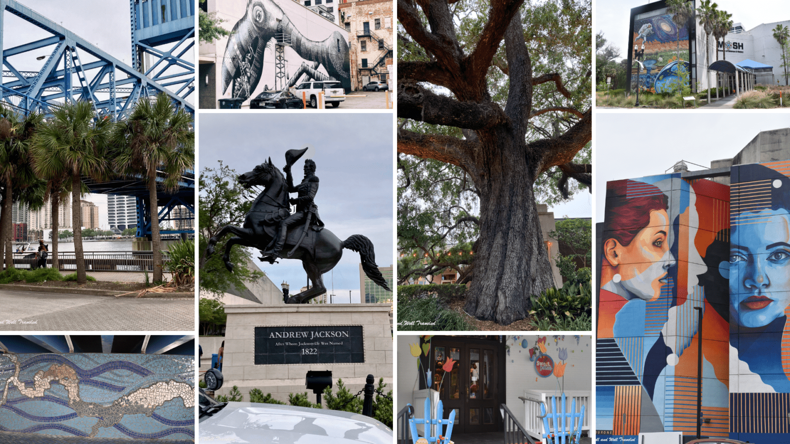 Jacksonville Florida statues, murals, and Main Street Bridge