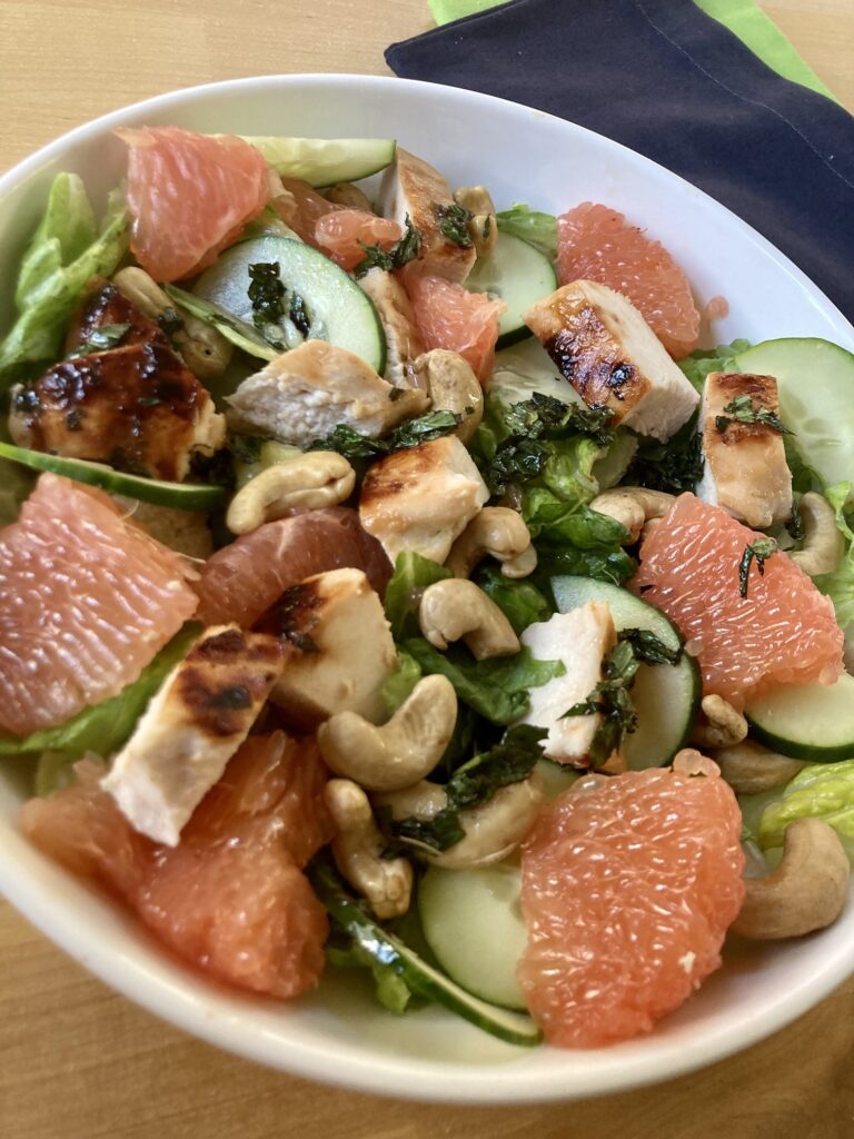 Chicken, grapefruit, cucumber and cashews on a grilled chicken salad recipe