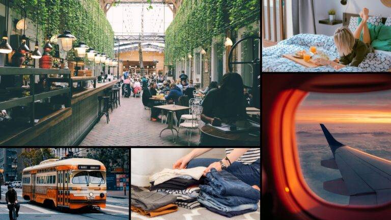 An airplane, packing clothes, bus, and a restaurant in a new city