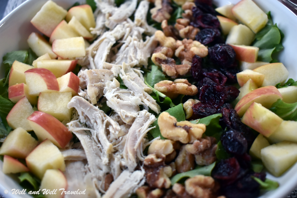 Apples, turkey, walnuts, and cranberries lined up