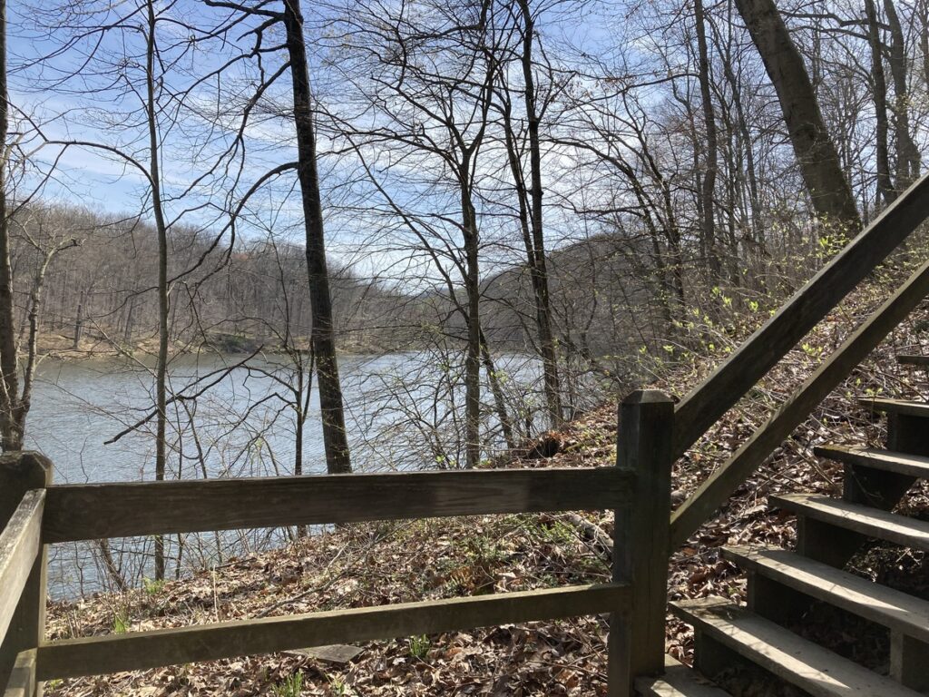 A stairwell and railing in the forefront with the lake in the background