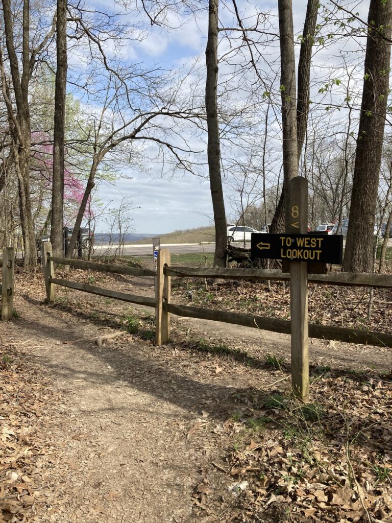 A hiking trail with a sign that says to lookout tower at Brown County State Park