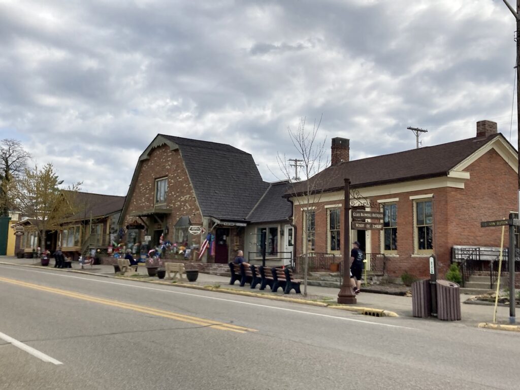 A street view of a few historical brick buildings just outside of Brown County State Park