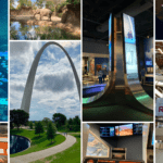 A collage of photos including St. Louis' Gateway Arch, a science museum, a ropes course, and the zoo