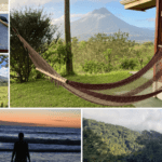 A collage of images including a hammock with a volcano in the background, a sunset on a beach, traditional Costa Rican food on a plate, and more.