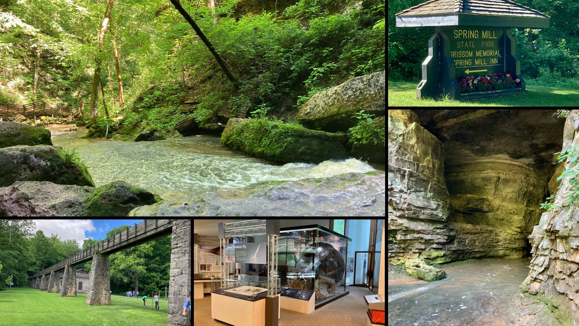 A collage of photos of a cave, river, pioneer town, space craft, and "Spring Mill" sign