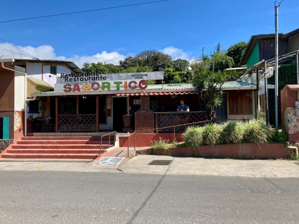 A street-view photo of a restaurant in Monteverde with "Sabortico" written above.