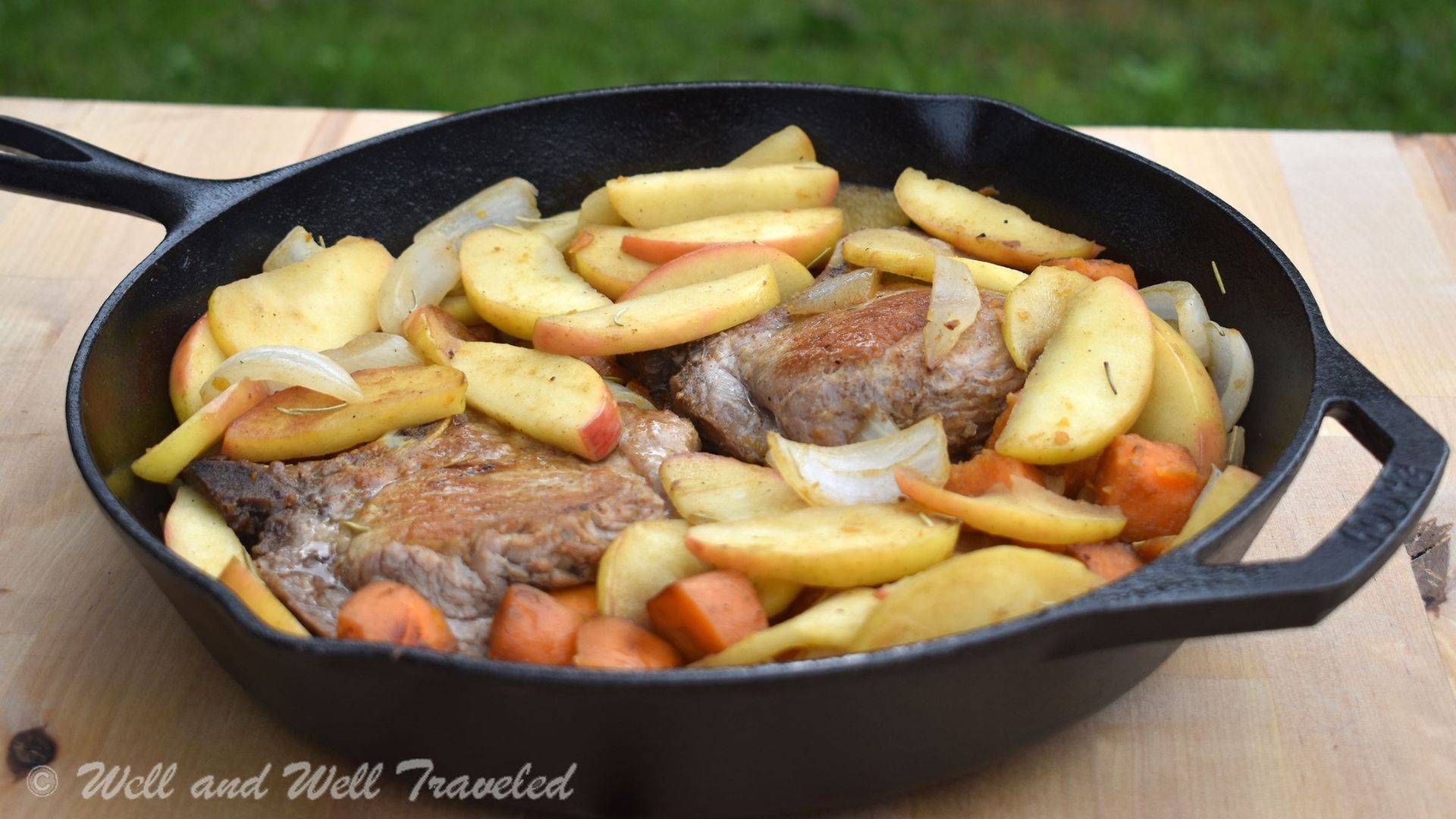 Cast Iron Pork Chops with Apples Recipe and sweet potatoes, a great paleo camping meals