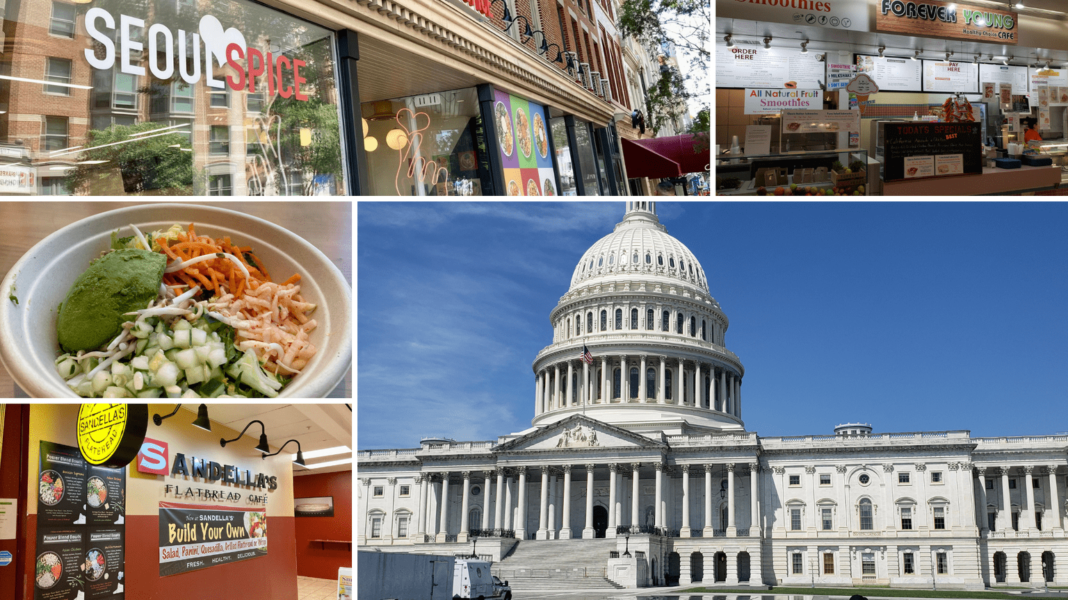 A collage of photos including the Washington DC Capital building, several restaurant storefronts, and a power bowl at a restaurant