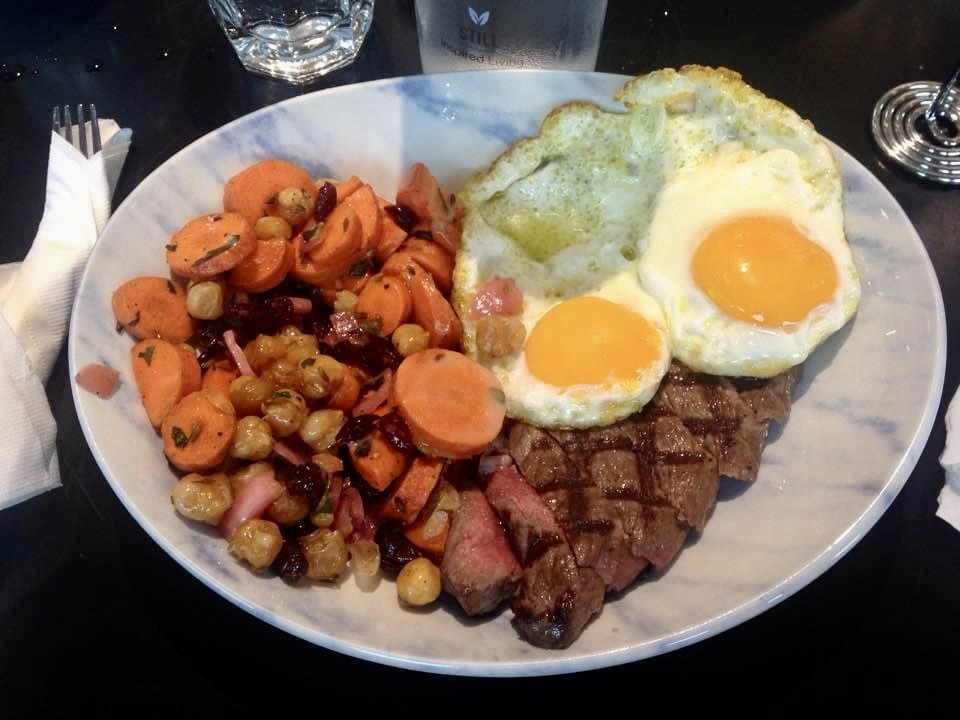 A dairy-free and gluten-free meal at Public Greens with beef, eggs, and a carrot salad.