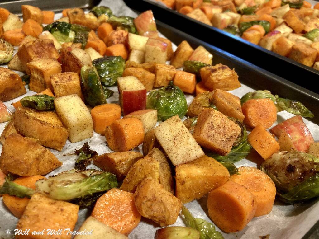 Sweet Potato and Apple Hash on a cookie sheet- an easy apple recipe