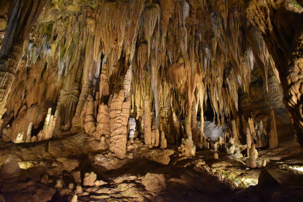 Beautiful stalactites and stalagmites in the Cathedral room at Luray Caverns