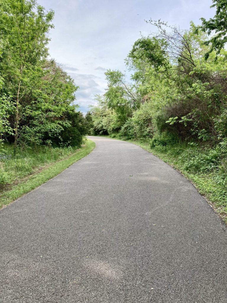 The paved path to Rose Island at Charlestown State Park makes the steep hill more bearable!