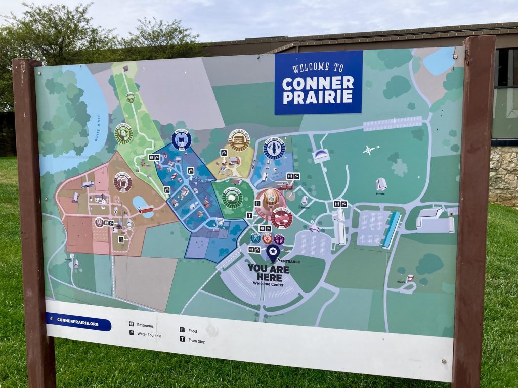 A map of Conner Prairie on an outdoor sign
