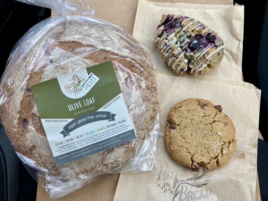 Native Bread's olive loaf, chocolate chip cookie, and blueberry scone.