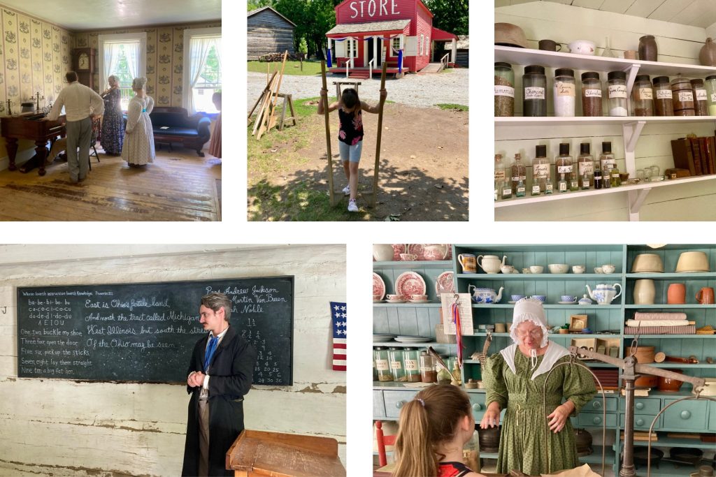 A collage of Conner Prairie's Prairie Town schoolhouse, doctor's house, and general store, one of many great things to do in Indianapolis