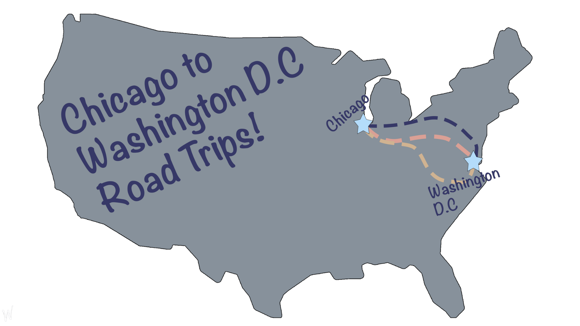 A map of the US with Chicago to DC Road Trip routes highlighted