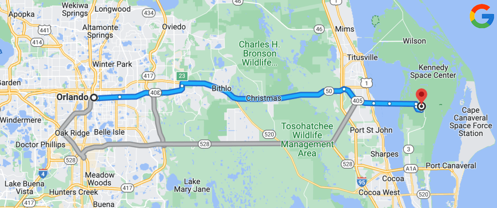 A map route from Orlando to Kennedy Space Center (Cape Canaveral)