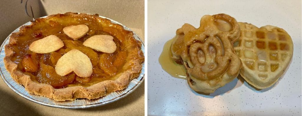 A peach pie and Mickey toaster waffles from No Label at the Table, a gluten free and dairy free bakery near Indianapolis