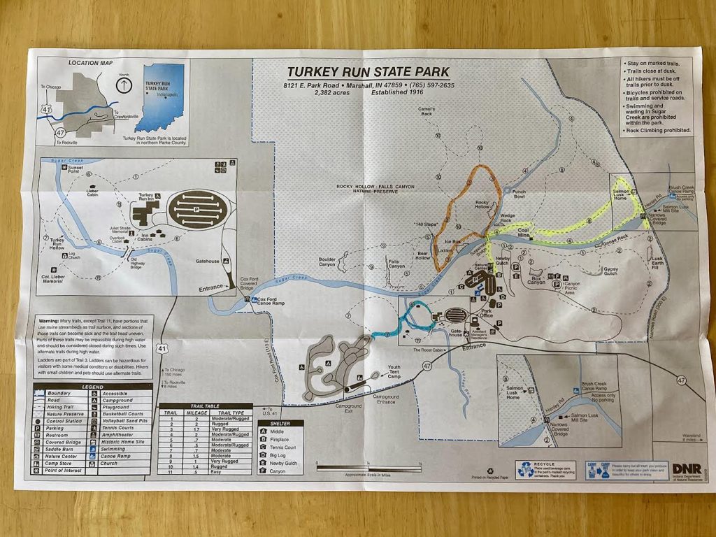 Turkey Run State Park map of trails and other activities, including a river with covered bridges