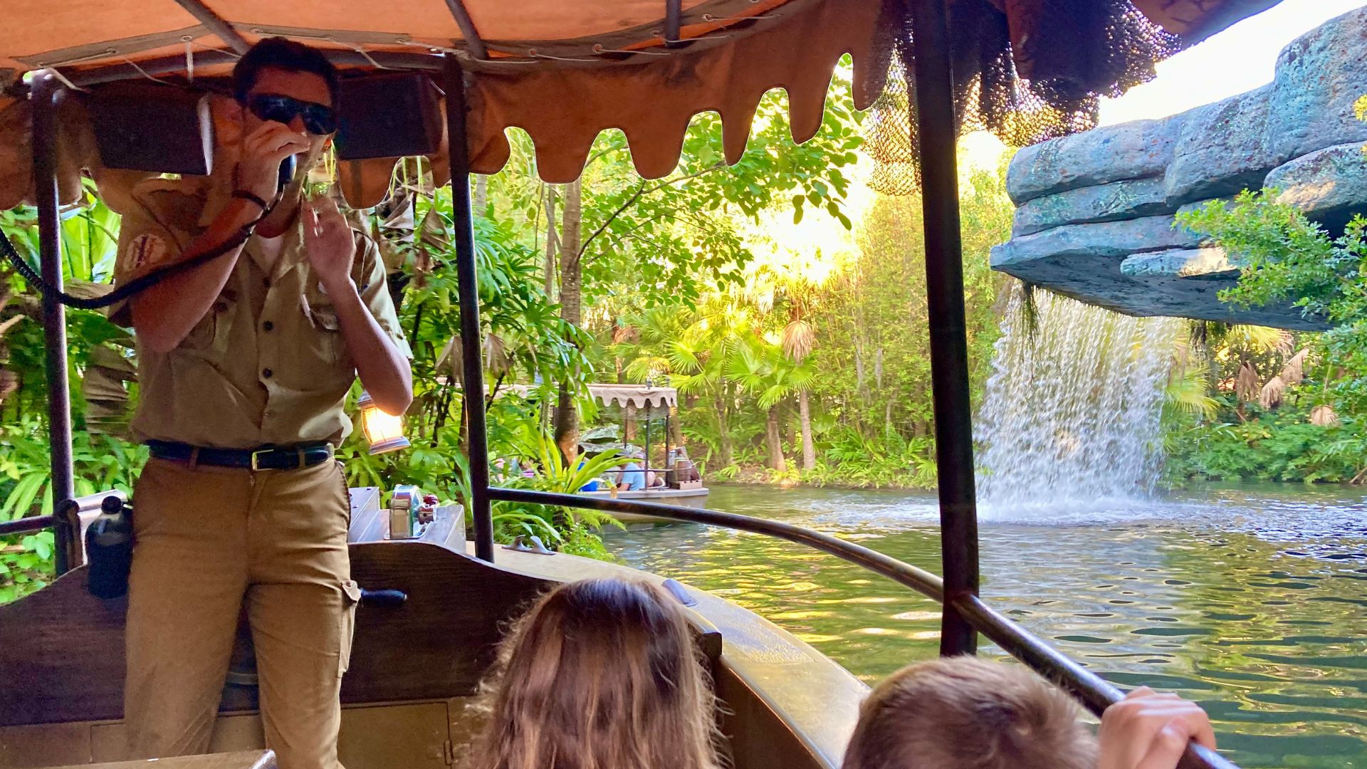 A waterfall and skipper on Disney's Jungle Cruise ride at Magic Kingdom