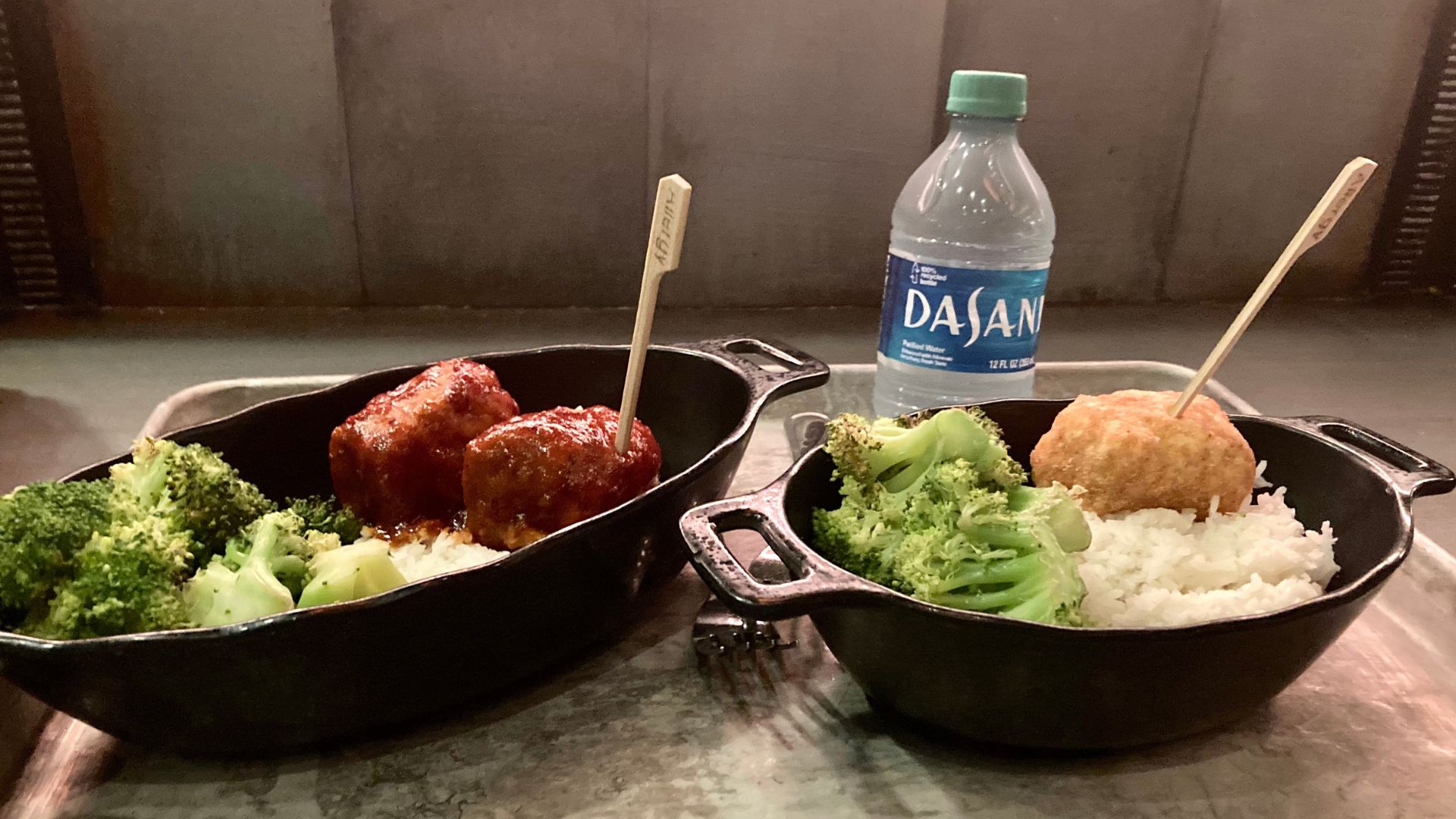 Dairy-free and gluten-free food at Hollywood Studios at Docking Bay 7, flavored chicken meatballs, rice, and broccoli and a kids meal
