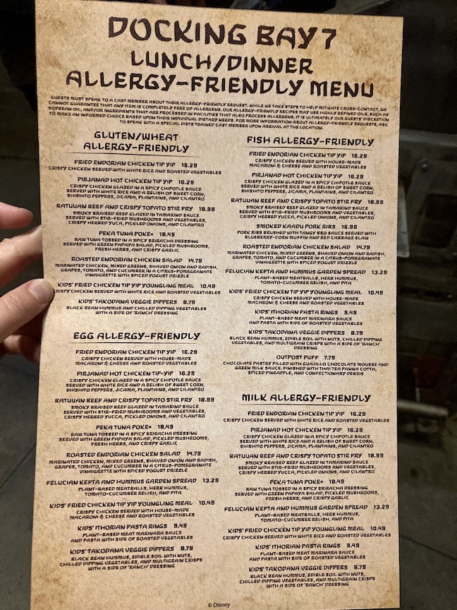 Docking Bay 7's menu of dairy-free and gluten-free food at Hollywood Studios.